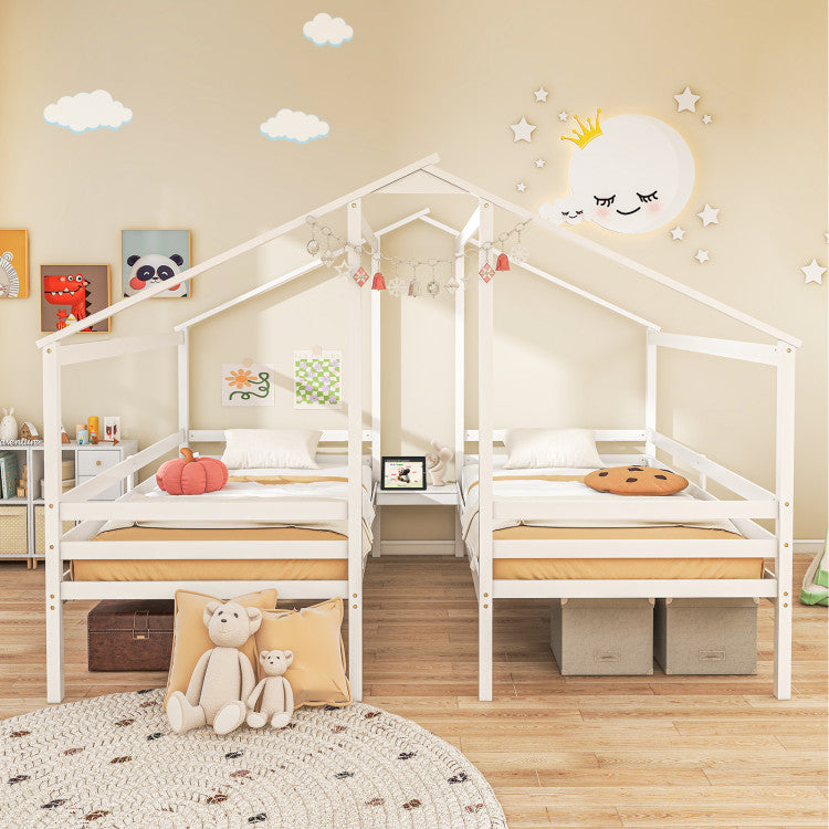 Double Twin Bed Frame with Built-in Shared Nightstand Table