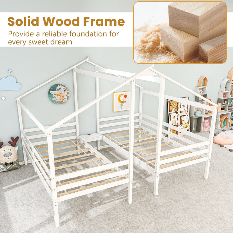 Double Twin Bed Frame with Built-in Shared Nightstand Table