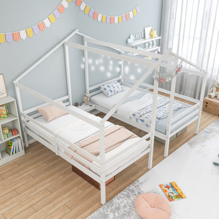 Double Twin Bed Frame with Built-in Shared Nightstand Table