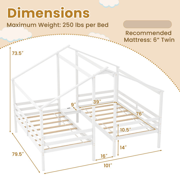 Double Twin Bed Frame with Built-in Shared Nightstand Table