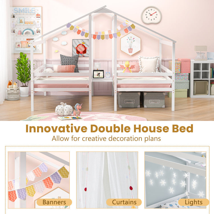 Double Twin Bed Frame with Built-in Shared Nightstand Table