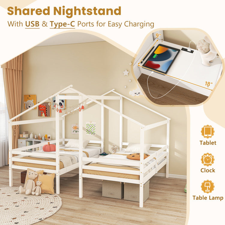 Double Twin Bed Frame with Built-in Shared Nightstand Table