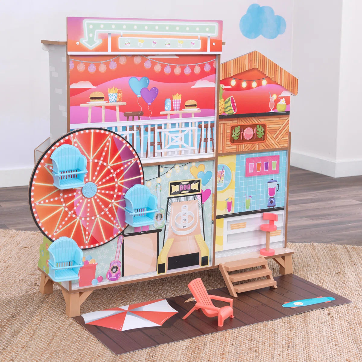 Double-Sided Wooden Beach Dollhouse with Manual Ferris Wheel