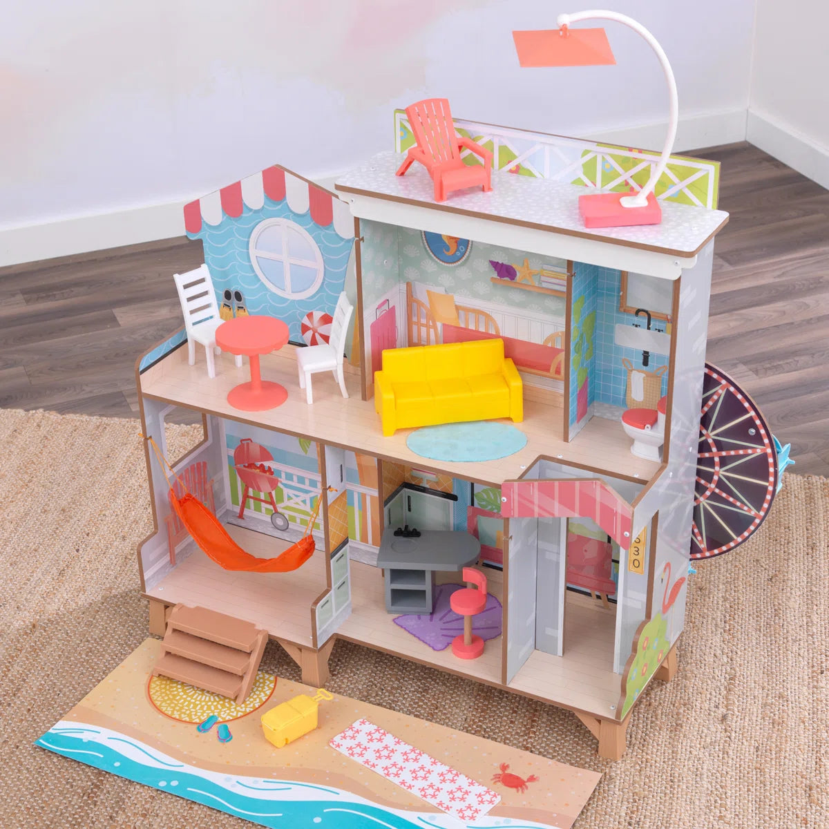 Double-Sided Wooden Beach Dollhouse with Manual Ferris Wheel