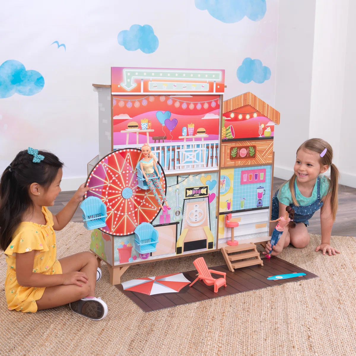 Double-Sided Wooden Beach Dollhouse with Manual Ferris Wheel