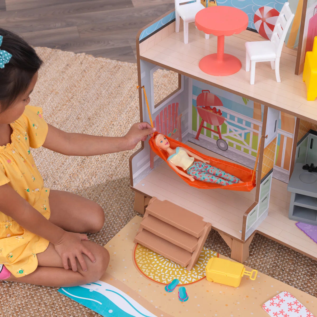 Double-Sided Wooden Beach Dollhouse with Manual Ferris Wheel