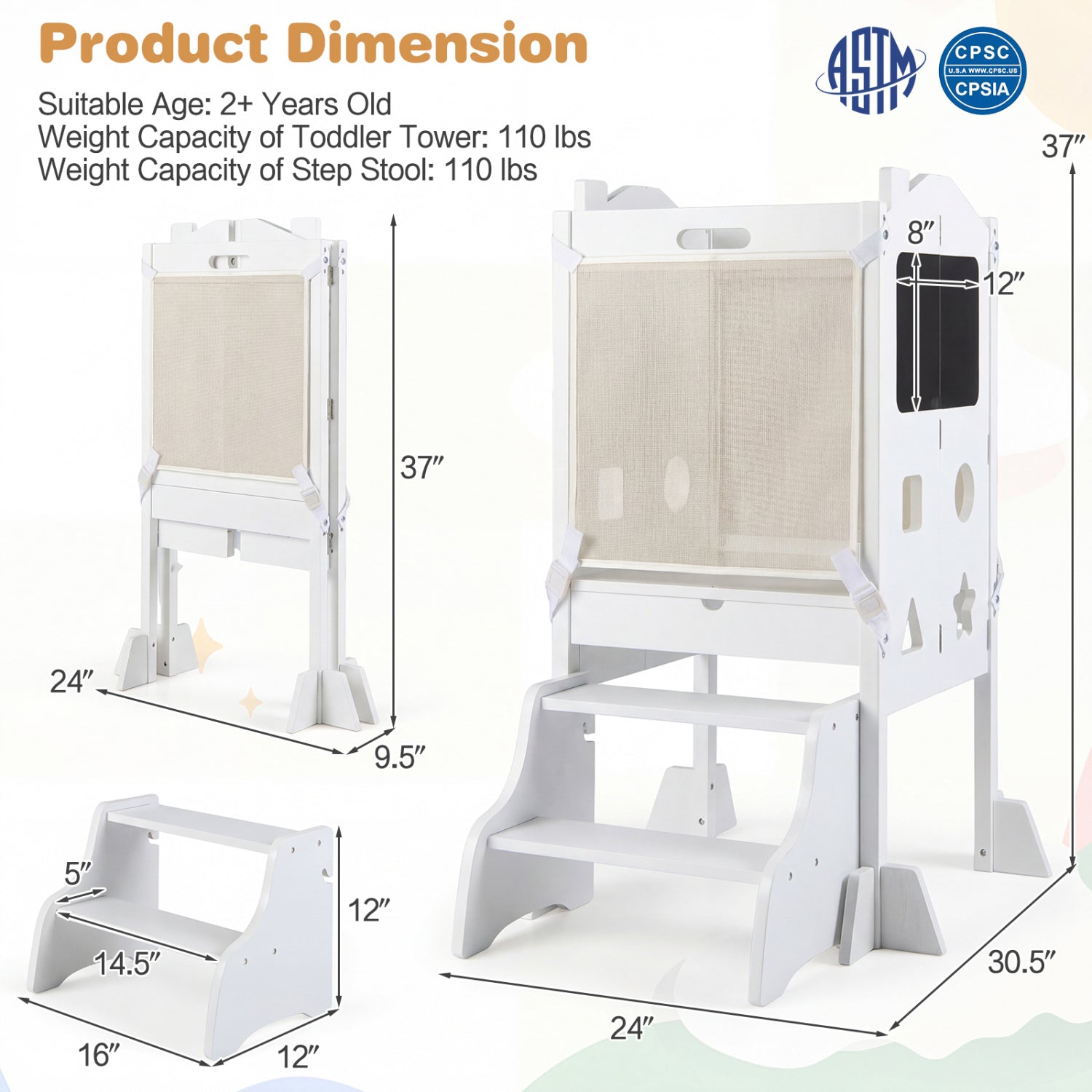 Foldable 2-Step Toddler Stool with Chalkboards