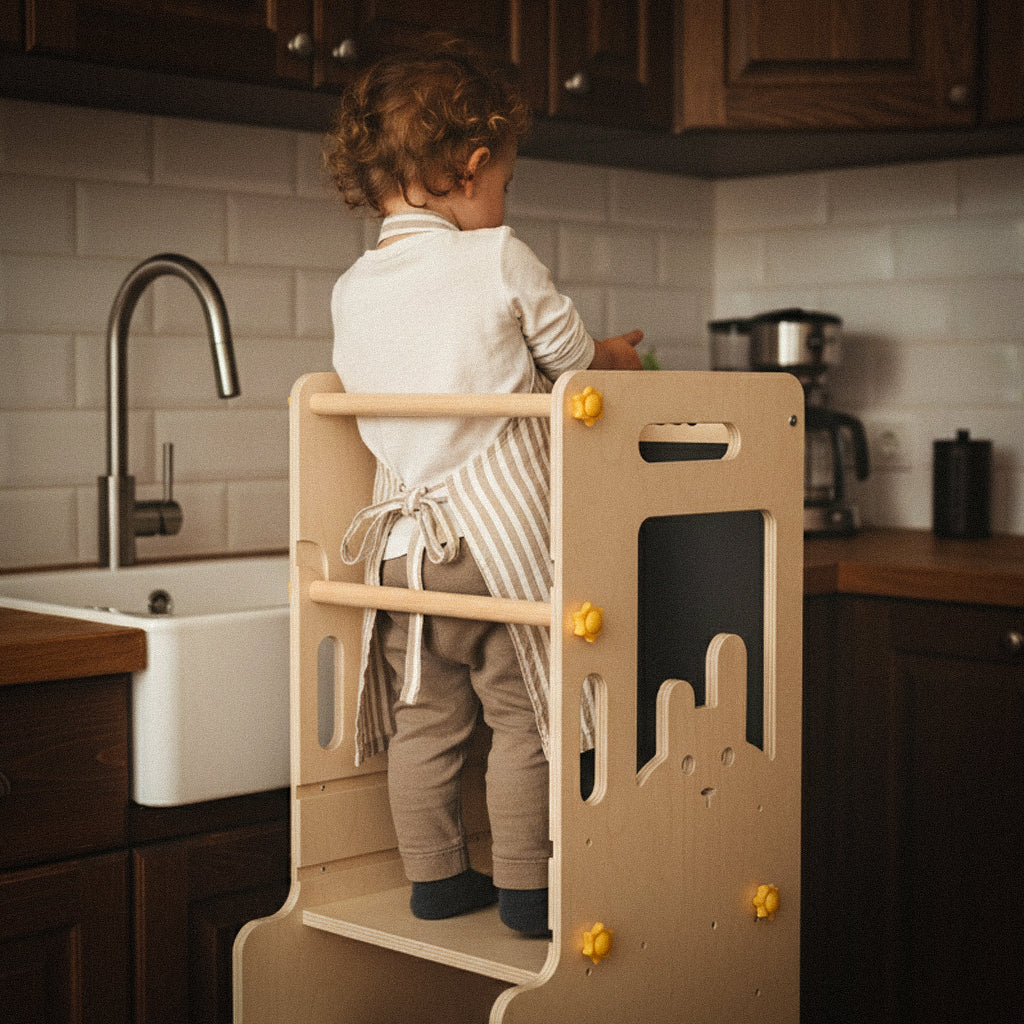 English Version (Optimized Title): Hicooo "Creator" Tower | 2-in-1 Montessori Kitchen Helper & Chalkboard Easel | FSC® Certified Wood, Safe & Adjustable