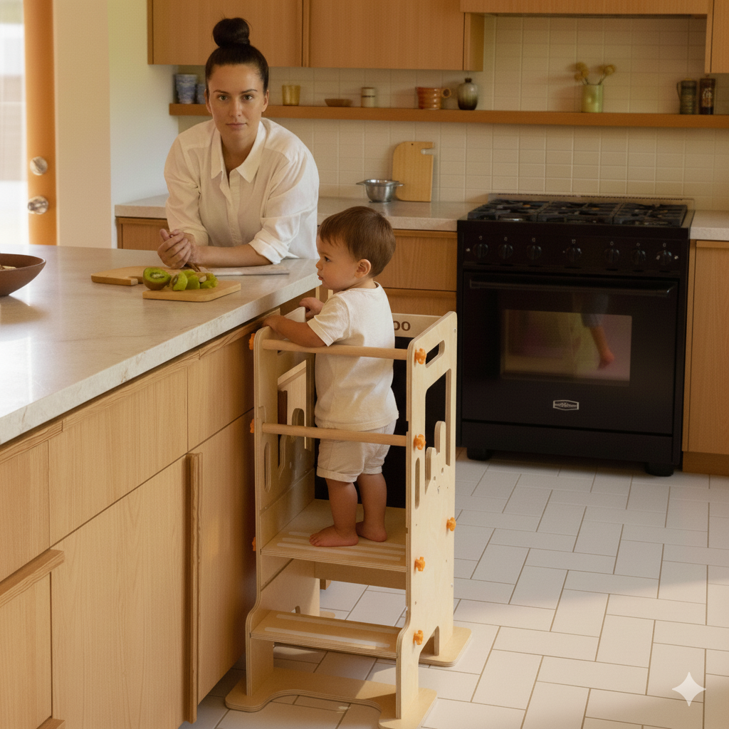 English Version (Optimized Title): Hicooo "Creator" Tower | 2-in-1 Montessori Kitchen Helper & Chalkboard Easel | FSC® Certified Wood, Safe & Adjustable