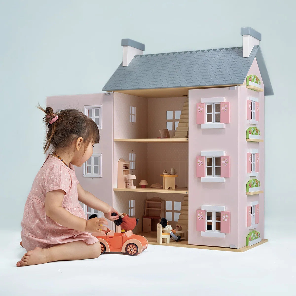 Large 4-Story Pink Wooden Dollhouse