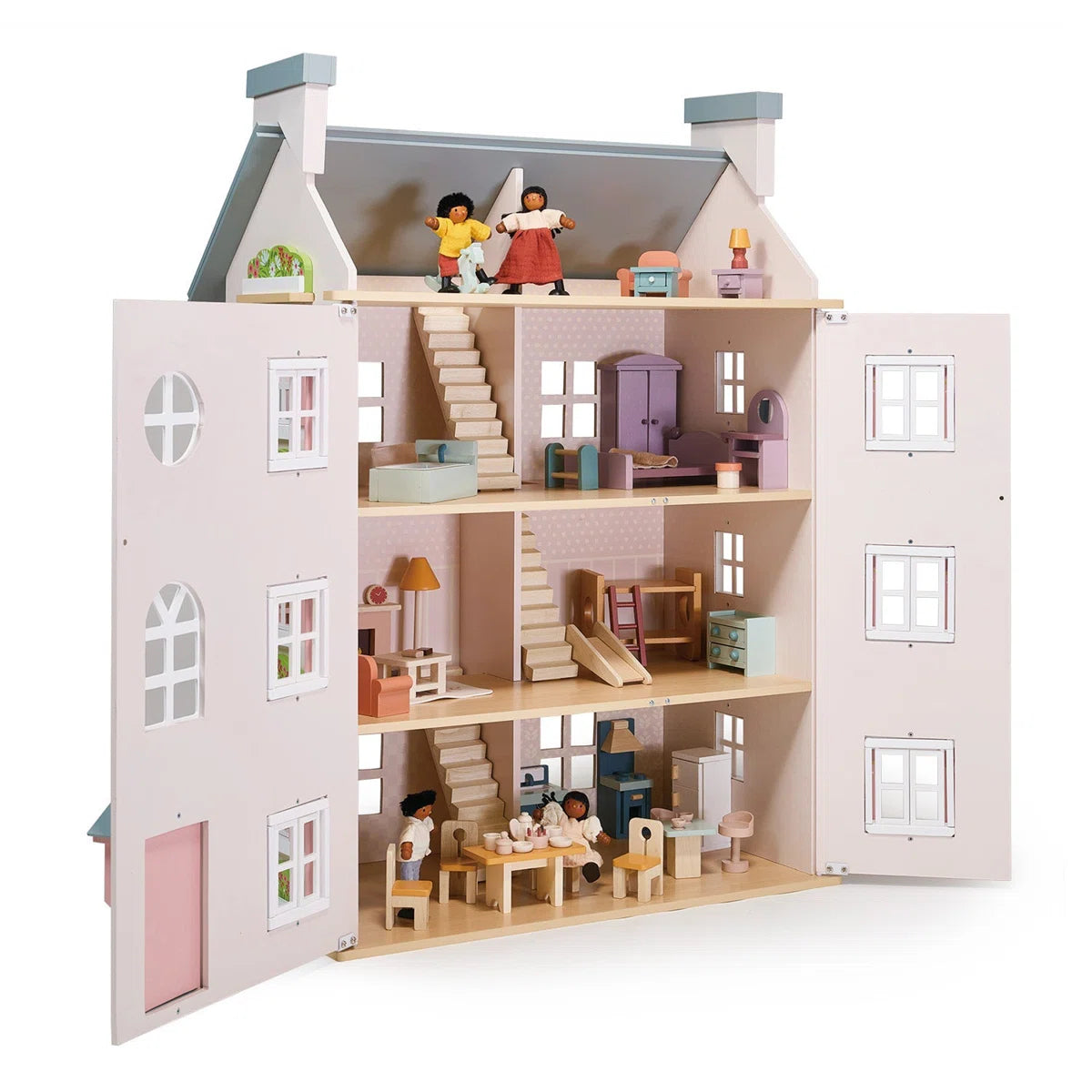 Large 4-Story Pink Wooden Dollhouse
