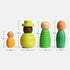Hicooo 12-piece diverse wooden peg dolls size chart showing four multicolor doll designs from 1.54 to 2.64 inches high.