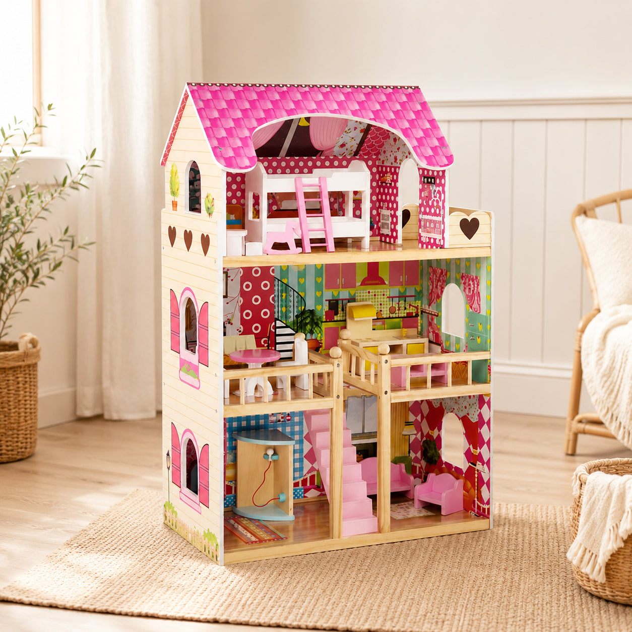Hicooo 3-story pink dollhouse playset with six rooms and 15 furniture pieces displayed in a bright playroom.