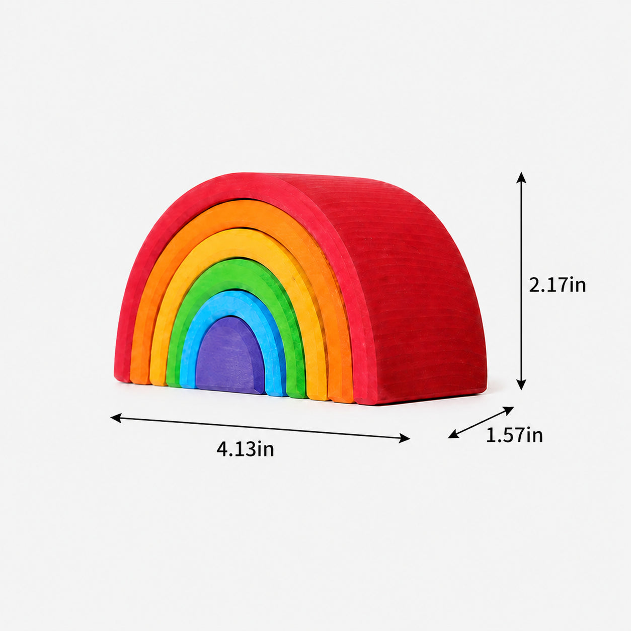 Hicooo 6-piece Montessori wooden rainbow stacker size chart, 4.13 in wide, 2.17 in high, and 1.57 in deep.