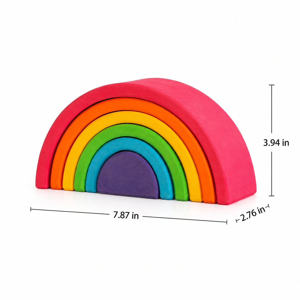 Hicooo medium wooden rainbow stacking arches size chart, 7.87 in wide, 3.94 in high, and 2.76 in deep.