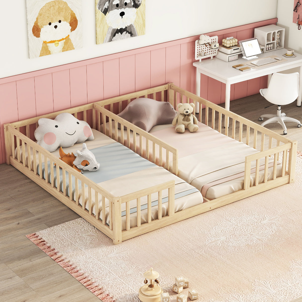 Children's room with a wooden bed, toys, and a desk.