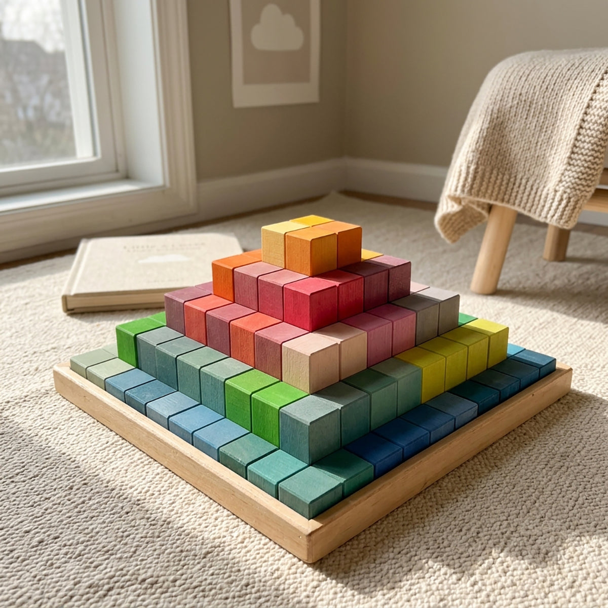 Hicooo multicolor Montessori wooden building blocks arranged in a pyramid on a wooden tray in a sunlit playroom.