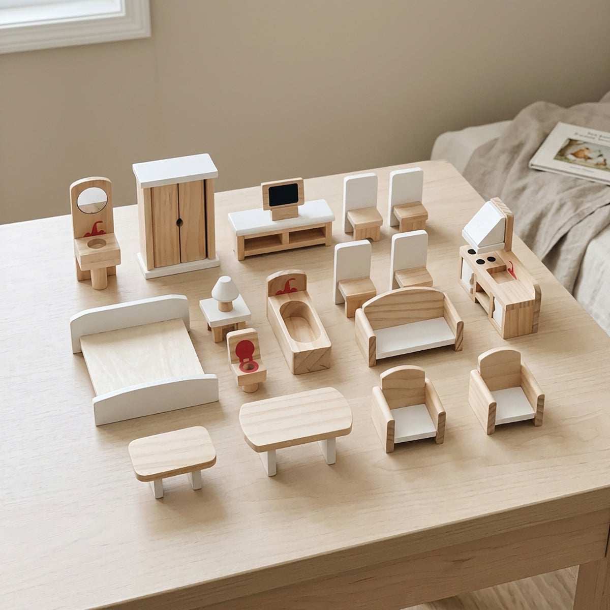 Hicooo solid wood dollhouse furniture set in natural wood, arranged on a table for Scandinavian pretend play.