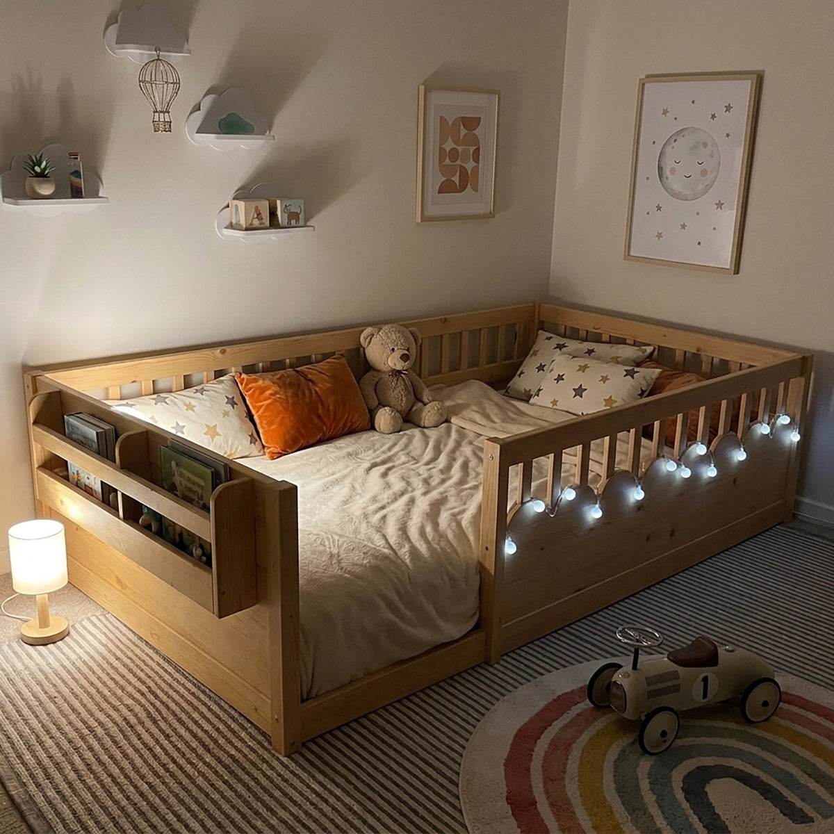 Hicooo toddler twin floor bed in natural wood with safety rails, book storage and LED lights in a cozy nighttime bedroom.