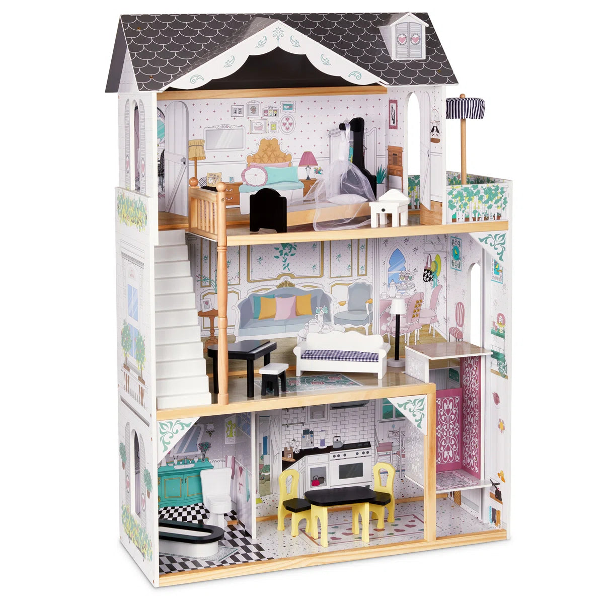 3-Story Wooden Dollhouse with Elevator & Balcony