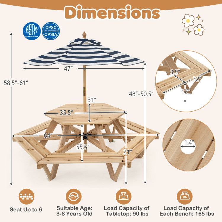 Wooden Hexagonal Picnic Table with 6 Benches & Adjustable Umbrella
