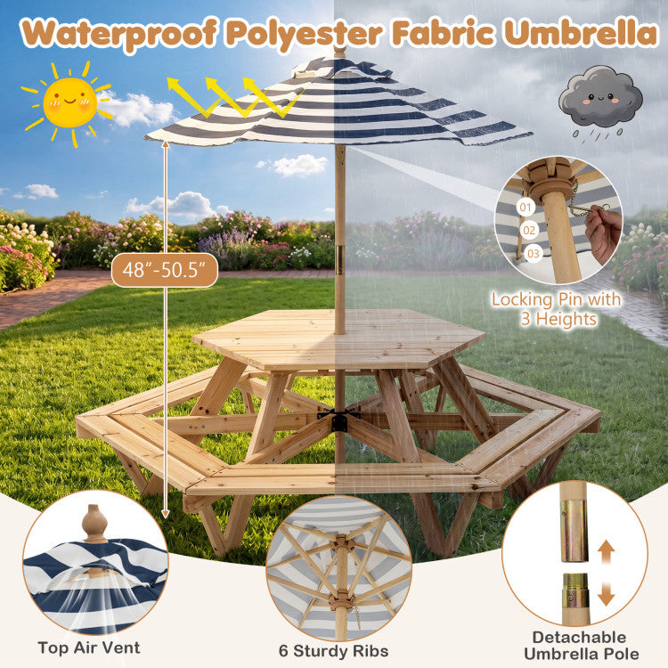 Wooden Hexagonal Picnic Table with 6 Benches & Adjustable Umbrella