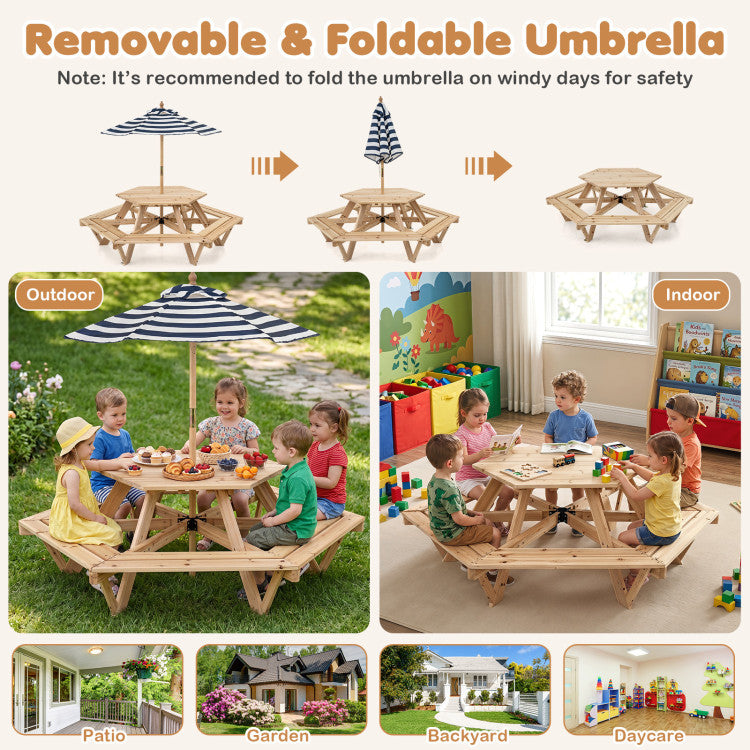 Wooden Hexagonal Picnic Table with 6 Benches & Adjustable Umbrella