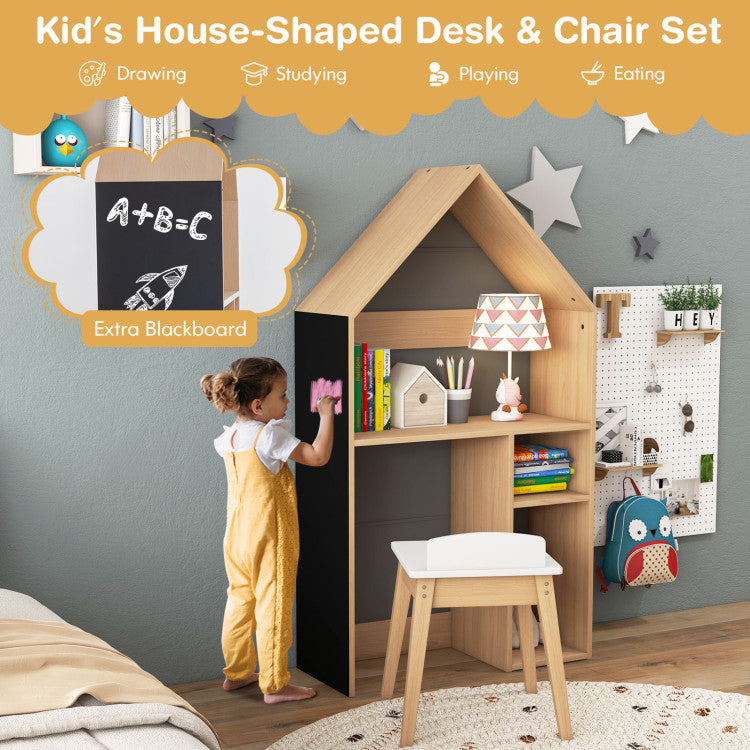 House Shaped Wooden Toddler Activity Table with Storage and Chair