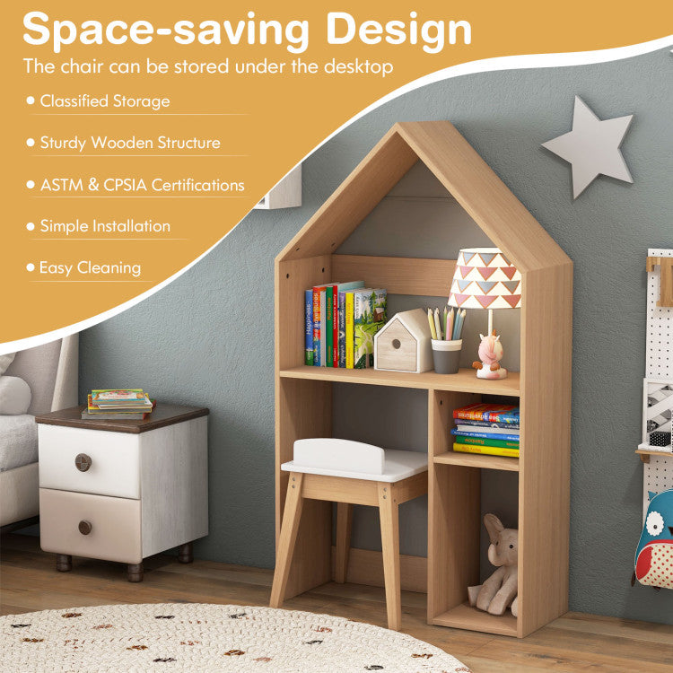 House Shaped Wooden Toddler Activity Table with Storage and Chair