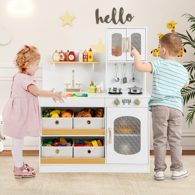 Kids Kitchen Playset with Wooden Pretend Cuttable Play Food