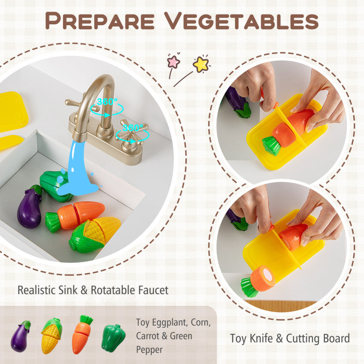 Kids Kitchen Playset with Wooden Pretend Cuttable Play Food