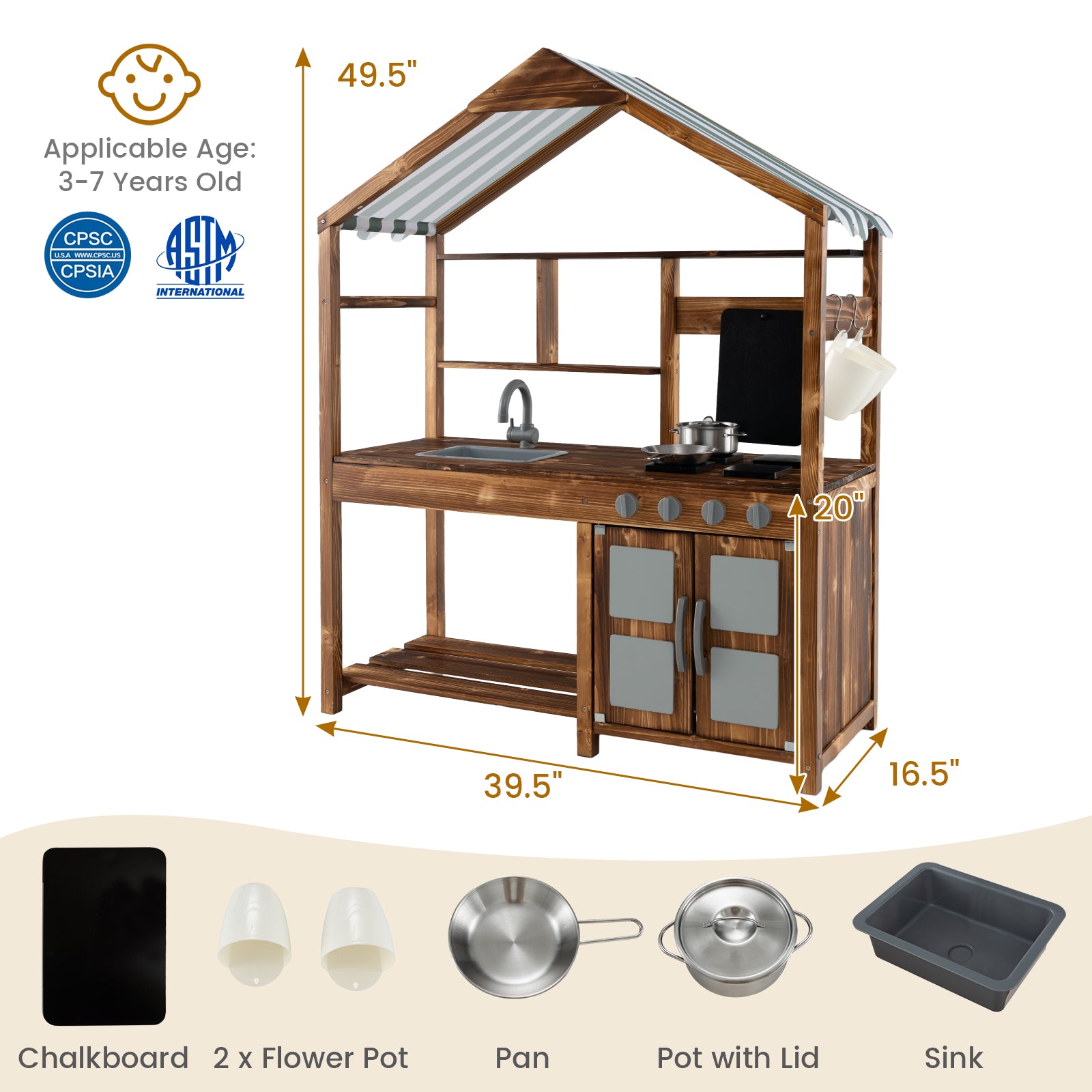 Outdoor Solid Wood Mud Kitchen with Canopy