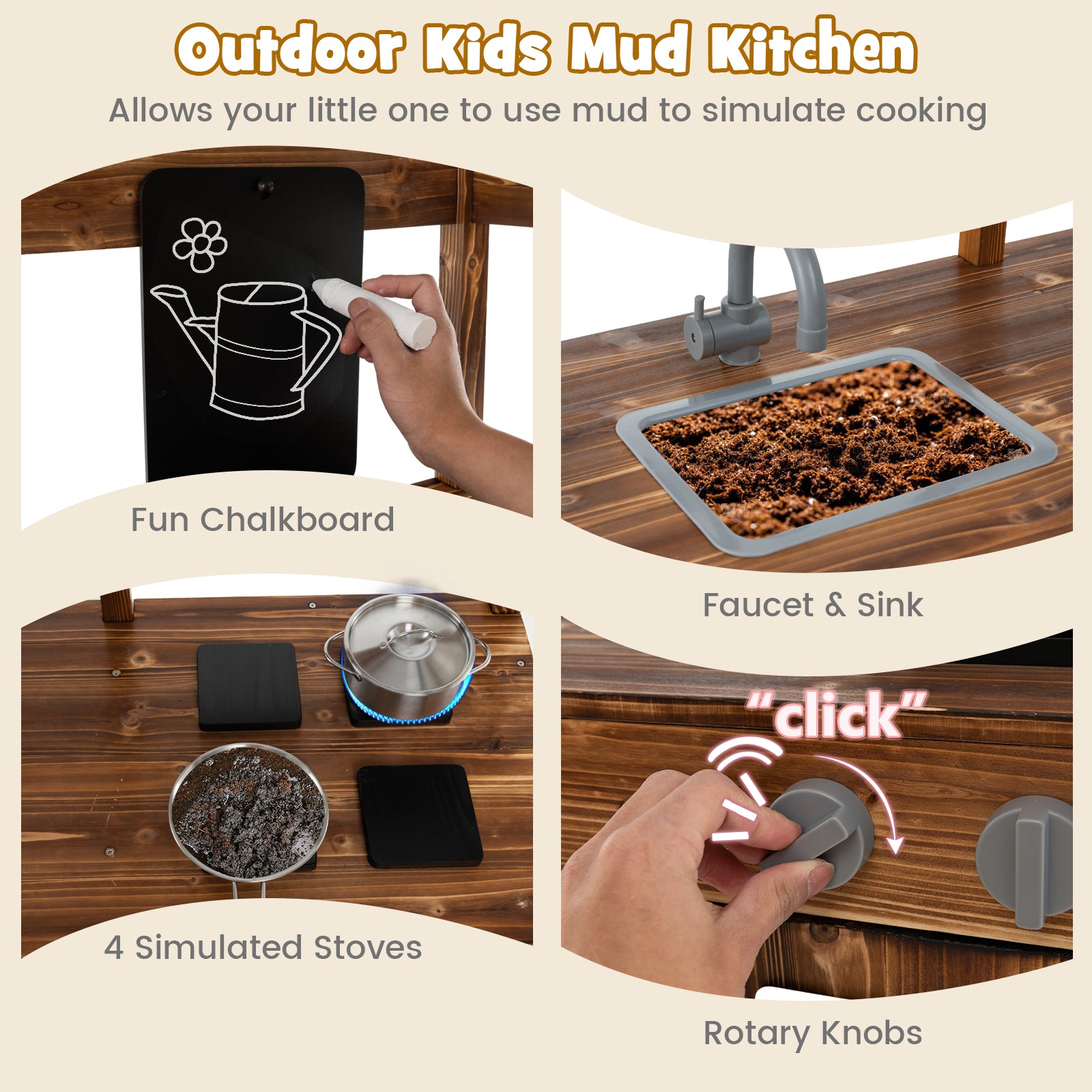 Outdoor Solid Wood Mud Kitchen with Canopy