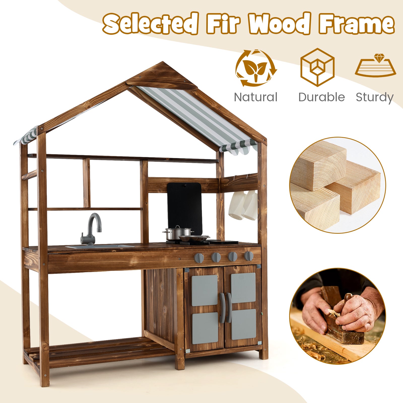 Outdoor Solid Wood Mud Kitchen with Canopy