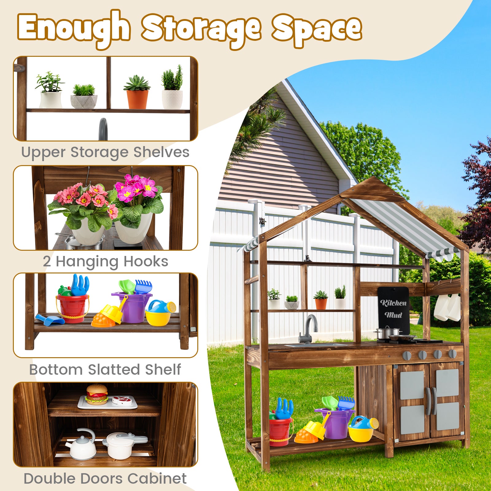 Outdoor Solid Wood Mud Kitchen with Canopy