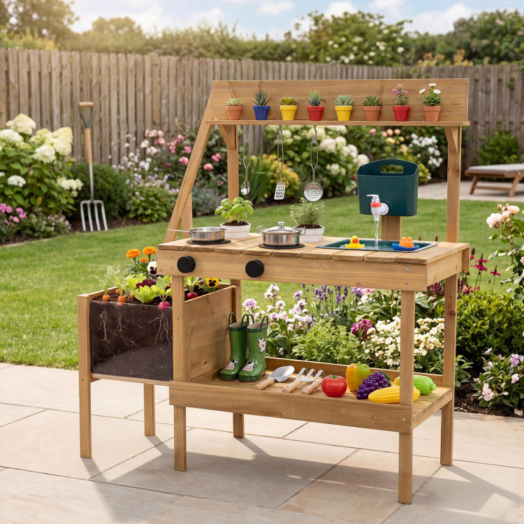 Kids Wooden Mud Kitchen with Planter for Outdoor