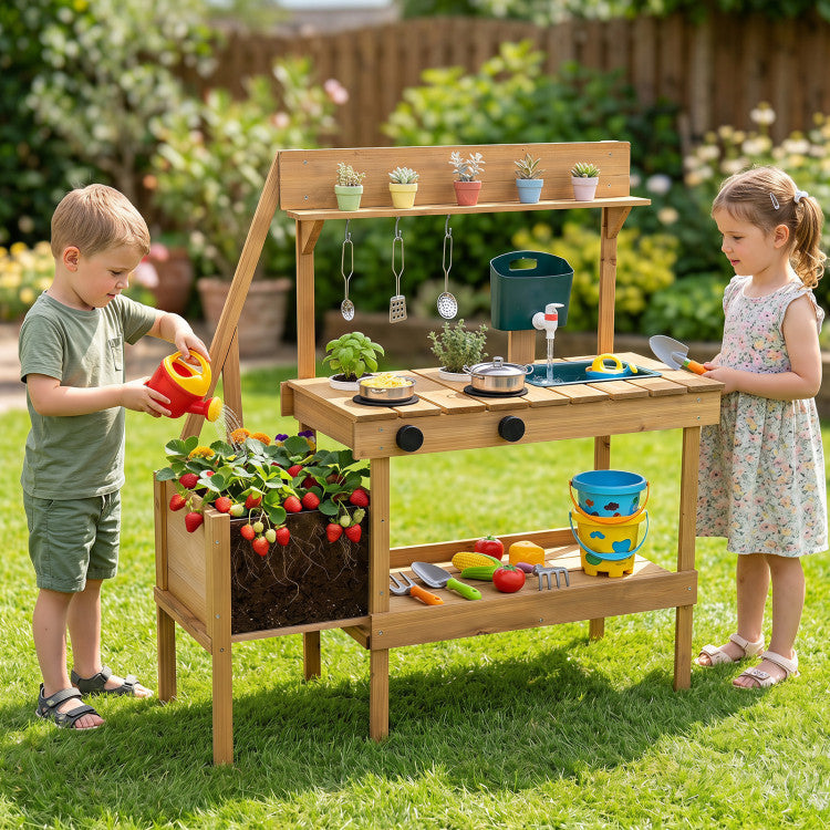 Kids Wooden Mud Kitchen with Planter for Outdoor