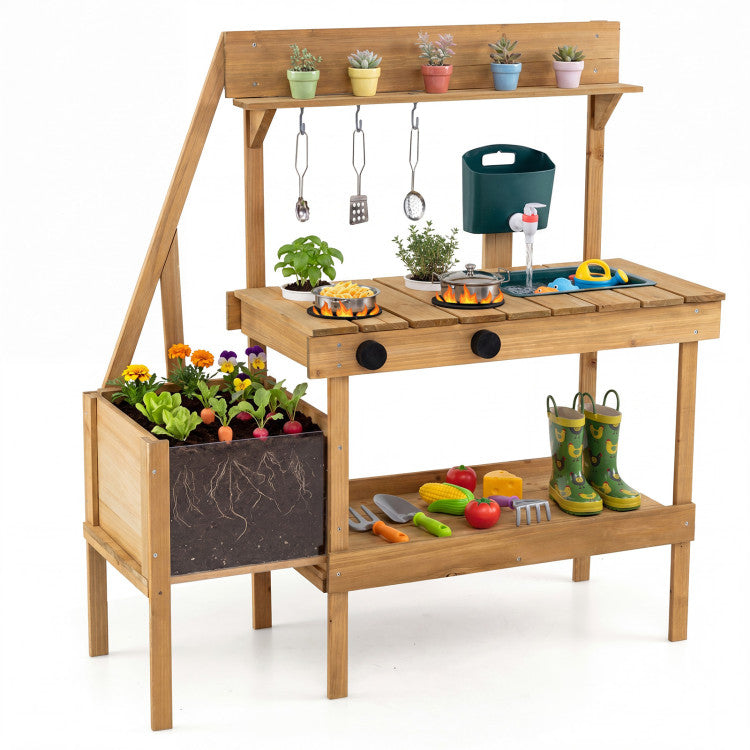 Kids Wooden Mud Kitchen with Planter for Outdoor