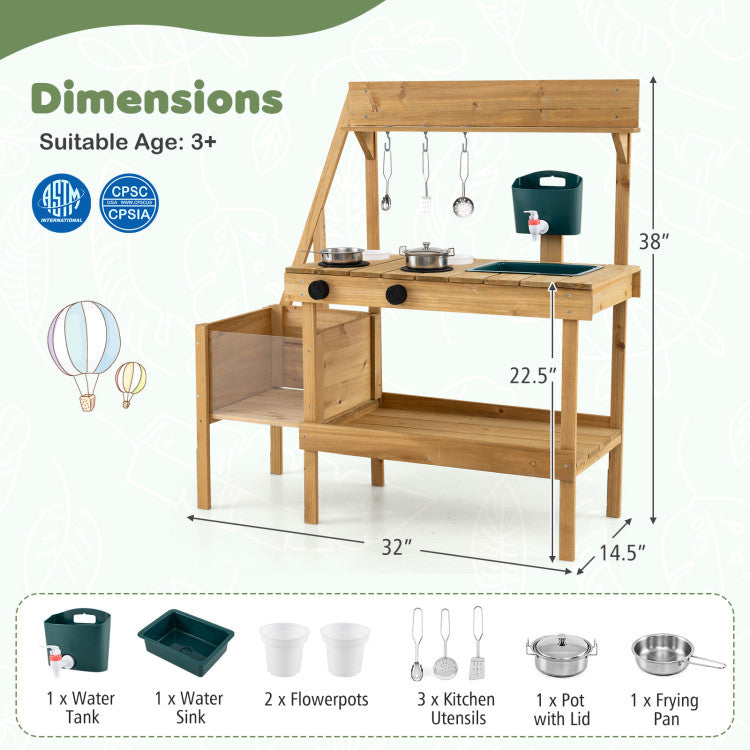 Kids Wooden Mud Kitchen with Planter for Outdoor