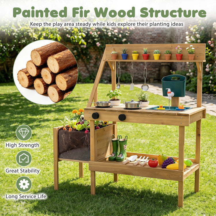 Kids Wooden Mud Kitchen with Planter for Outdoor