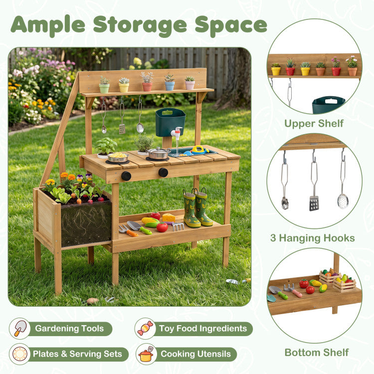 Kids Wooden Mud Kitchen with Planter for Outdoor