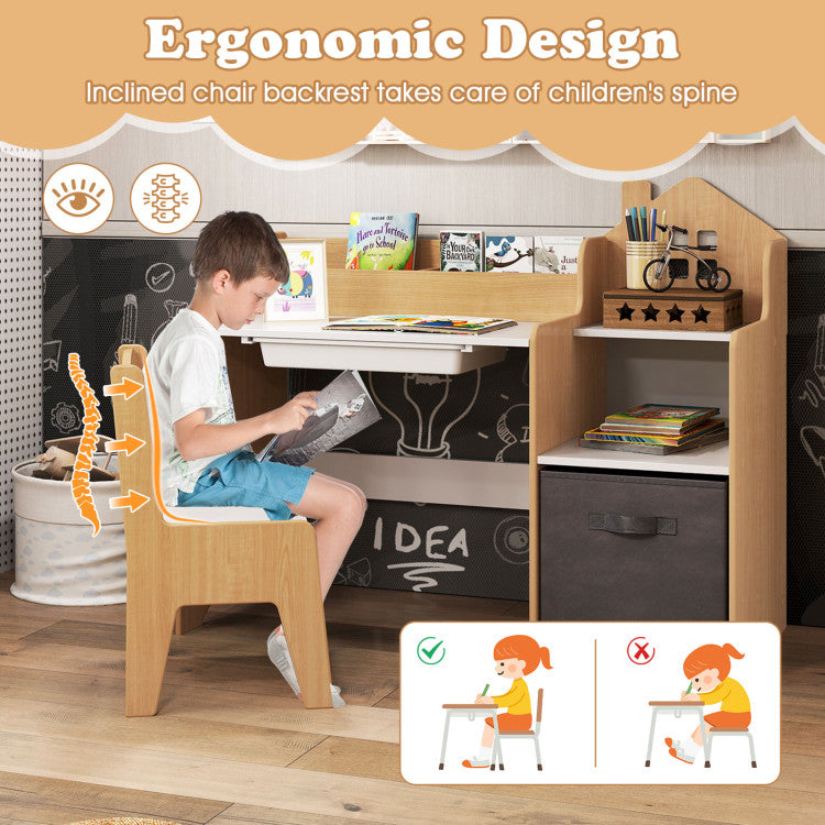 Montessori Kids Study Desk and Chair Set with Storage