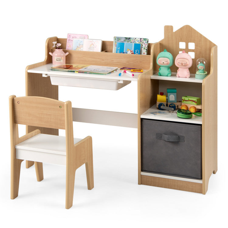 Montessori Kids Study Desk and Chair Set with Storage