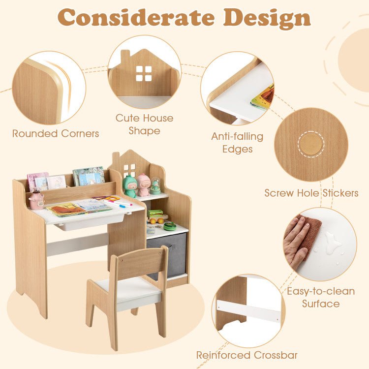 Montessori Kids Study Desk and Chair Set with Storage