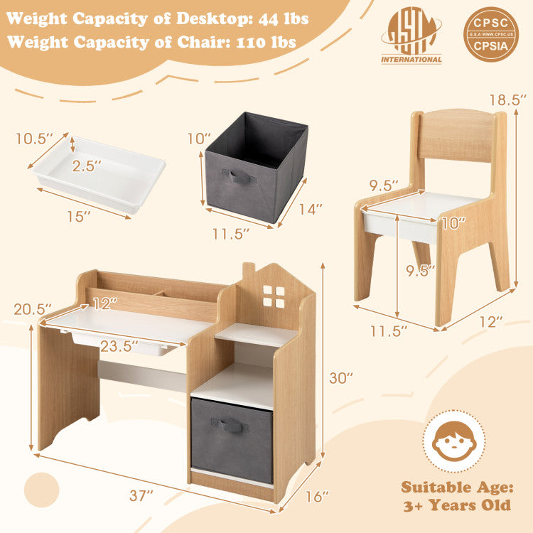 Montessori Kids Study Desk and Chair Set with Storage