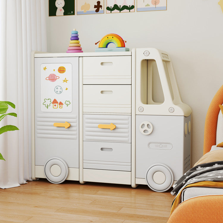 Bus Shaped 4-Drawer Toddler Playroom Storage Cabinet