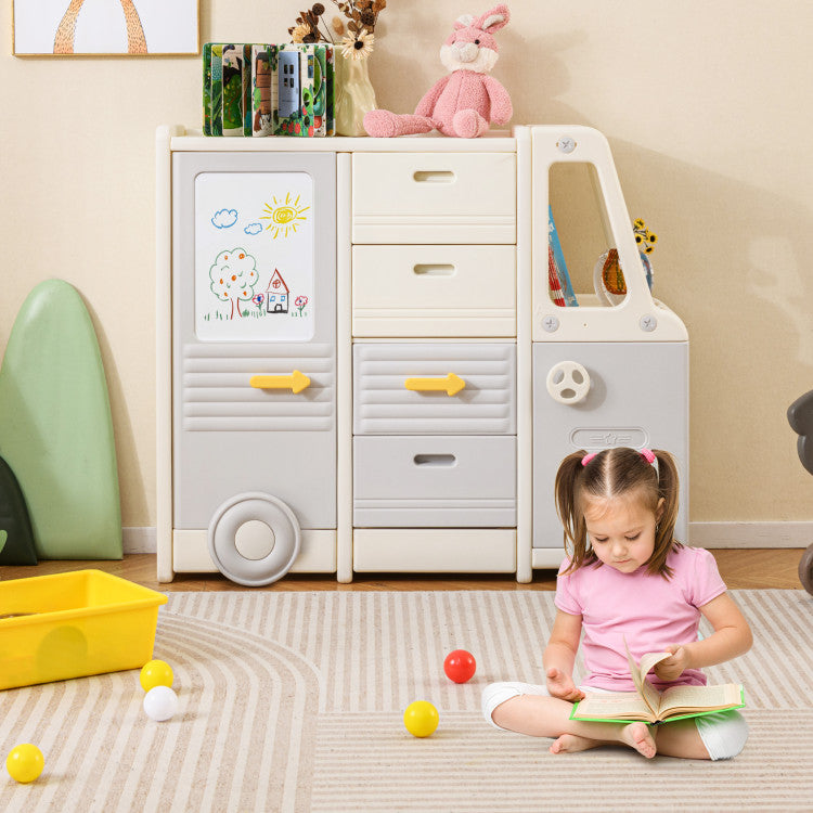Bus Shaped 4-Drawer Toddler Playroom Storage Cabinet