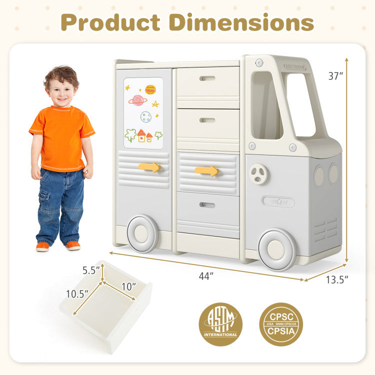 Bus Shaped 4-Drawer Toddler Playroom Storage Cabinet