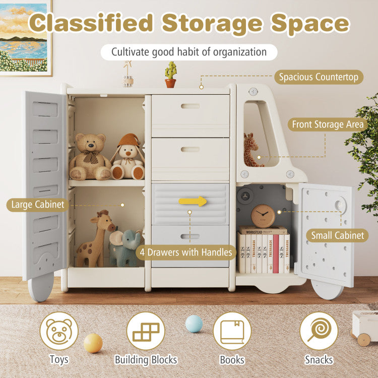Bus Shaped 4-Drawer Toddler Playroom Storage Cabinet