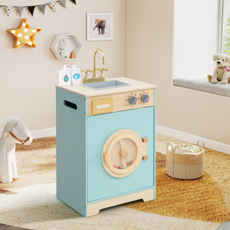 Wooden Pretend Play Toy Washing Machine with Accessories